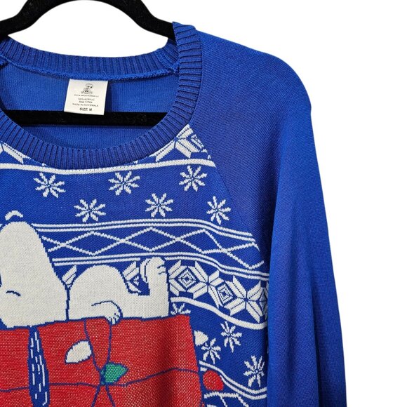 Peanuts Knit Snoopy Ugly Christmas Retro Crew Neck Blue Pull Over Sweater - Picture 3 of 5